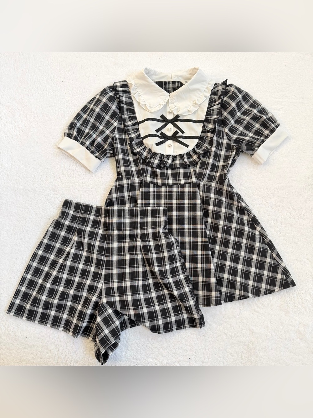 Jirai Kei Ryosan Lolita Bow Lace Japan Idol black Set Up Kawaii Plaid shorts top